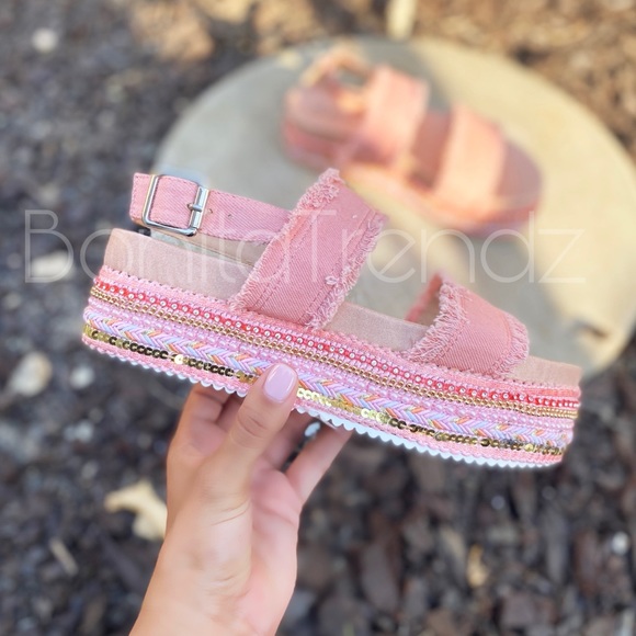 Bonita_Trendz Shoes - Pink Denim Flatform Footbed Platform Sandals